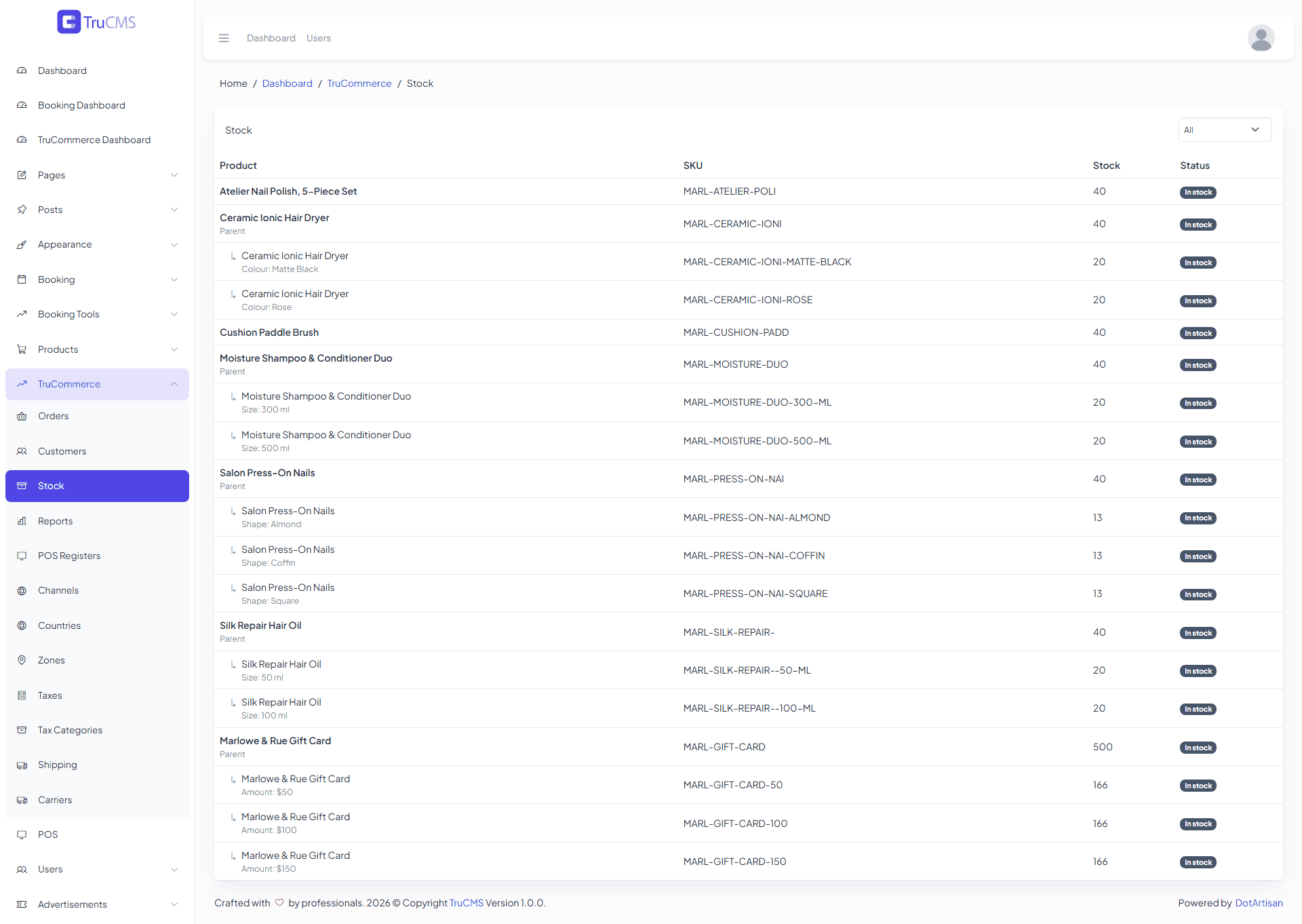 TruCommerce stock management screen