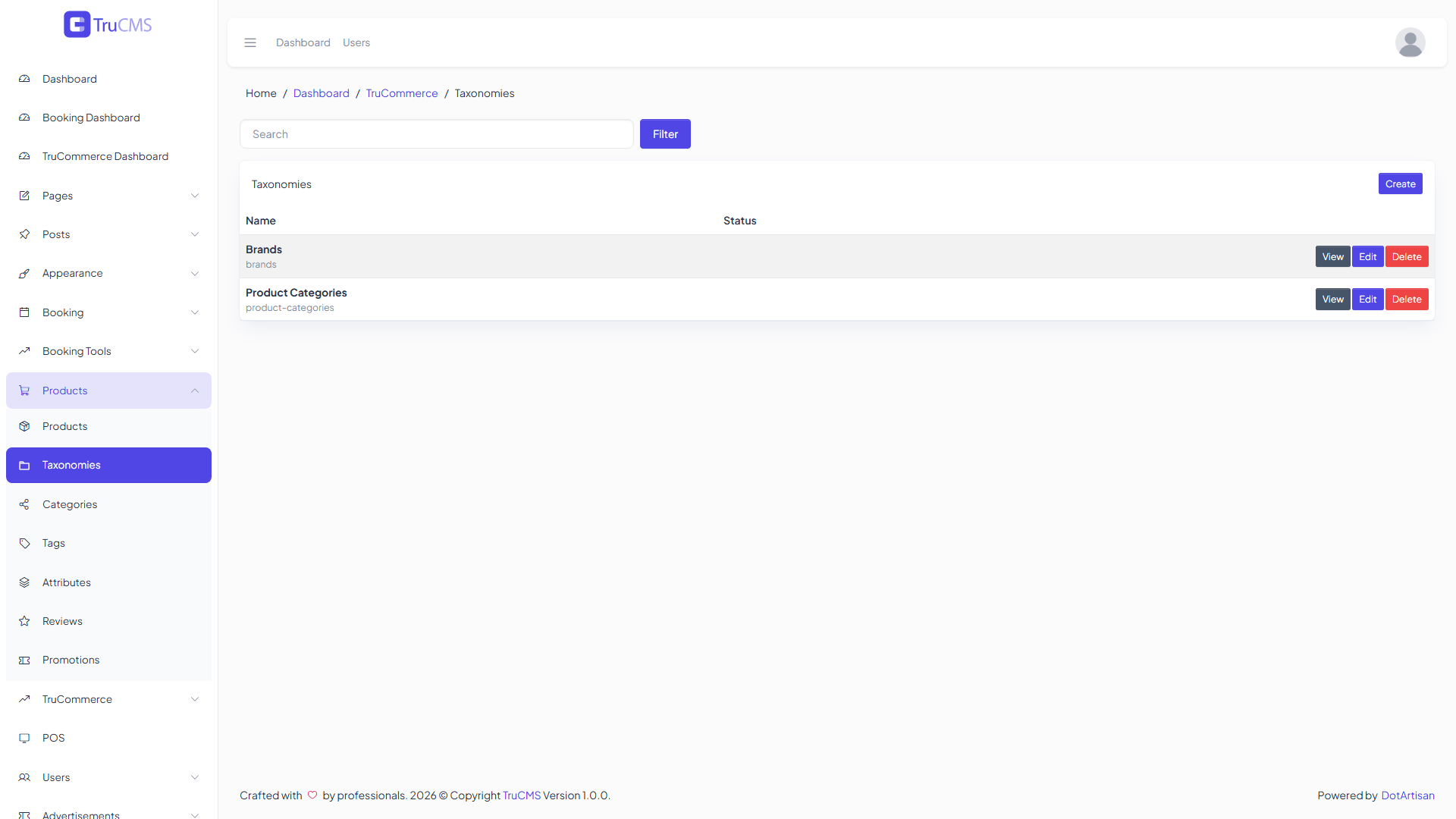 TruCommerce taxonomies management screen
