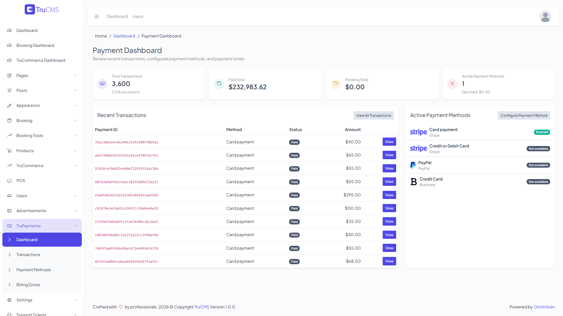 TruPayments dashboard in the TruCMS Admin Panel