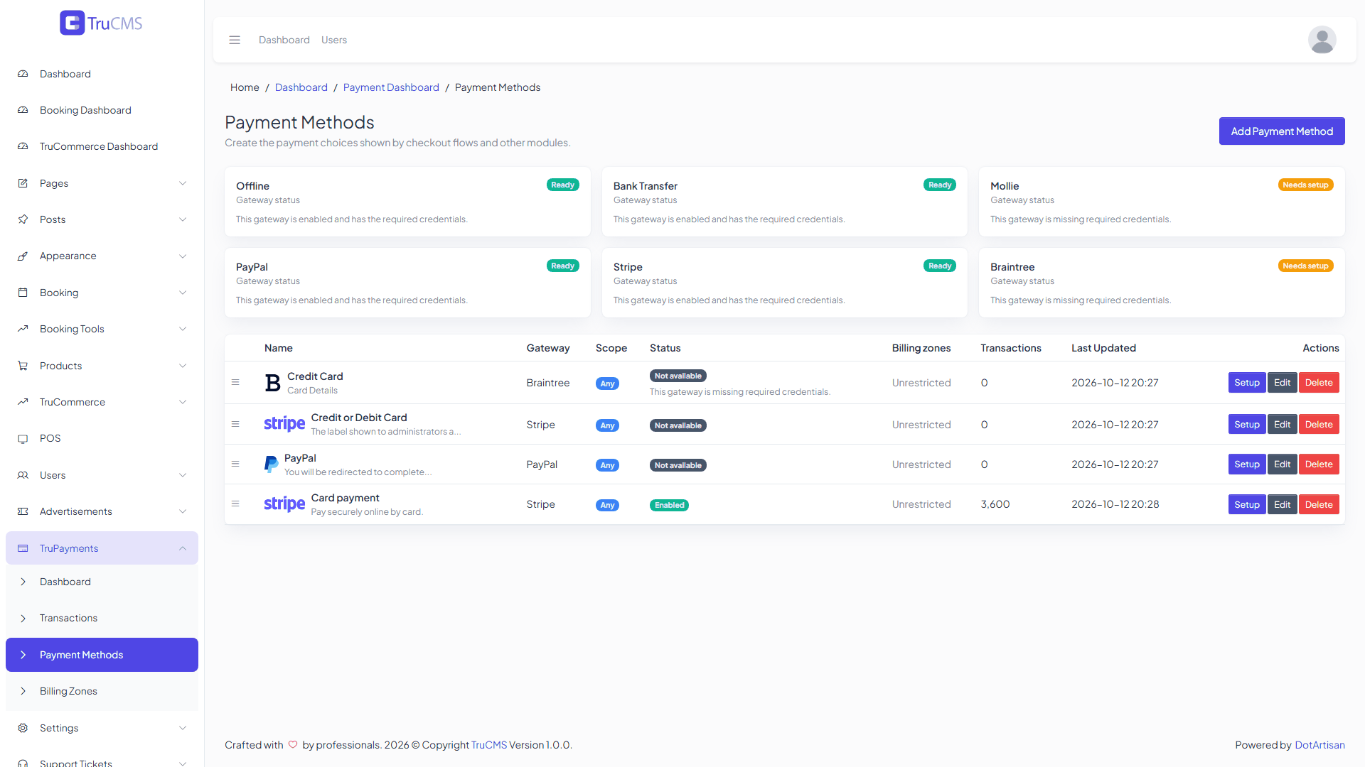 TruPayments payment methods list