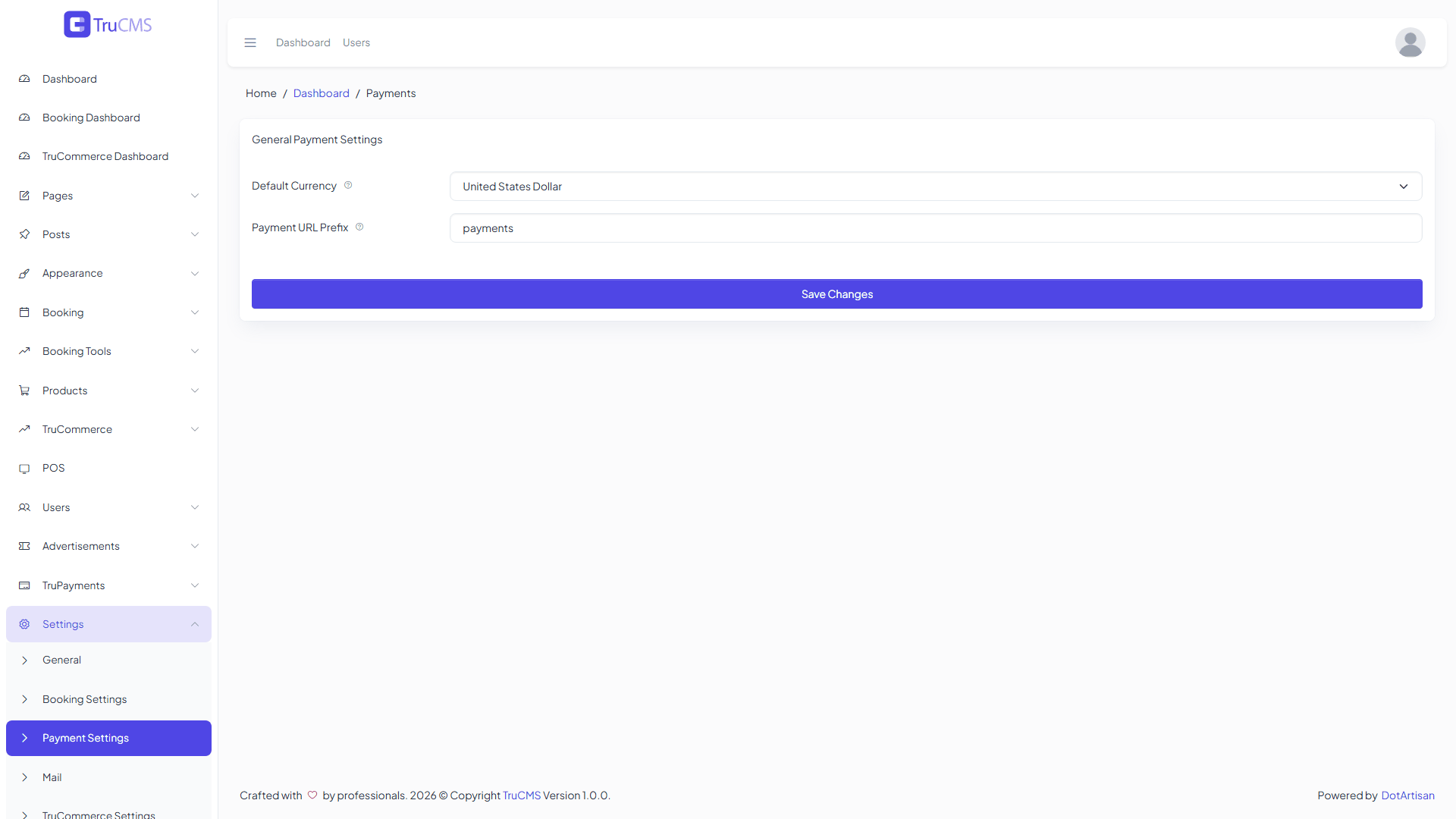 TruPayments settings page