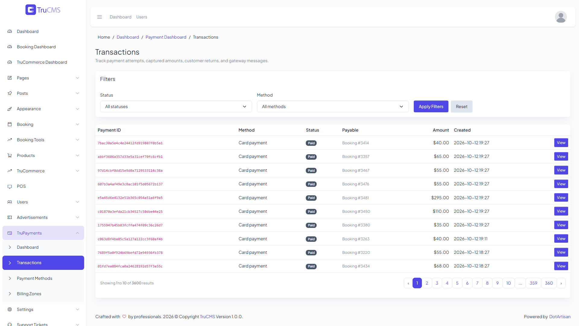 TruPayments transactions list